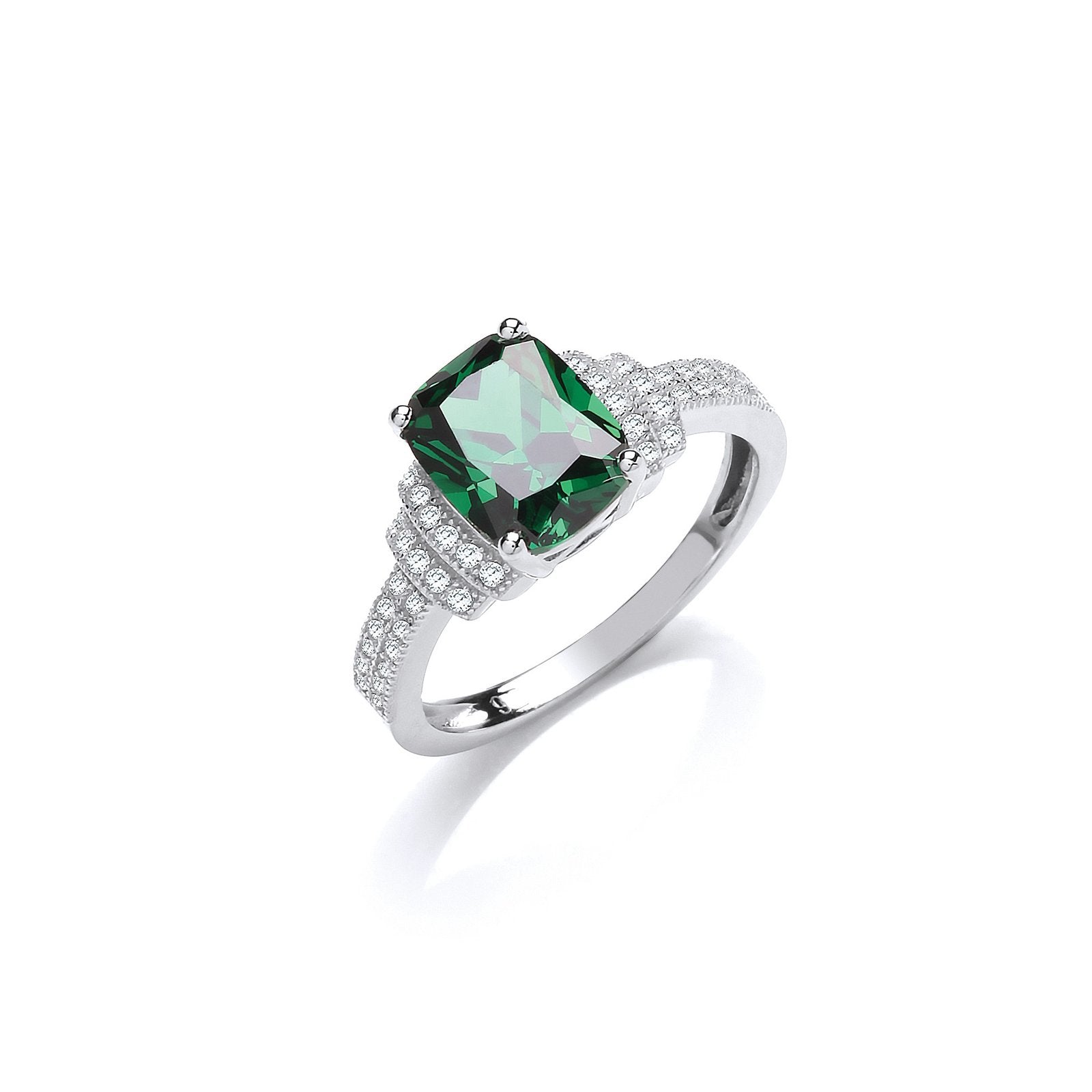 Emerald Cut Green Cubic Zirconia Centre with Clear Cubic Zirconia on Shoulder Silver Ring - F – Luxury Jewellery by Im